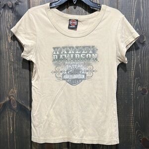 Harley Davidson Graphic Top L Casual Motorcycles Shop Cream Carolina Stretch Vtg